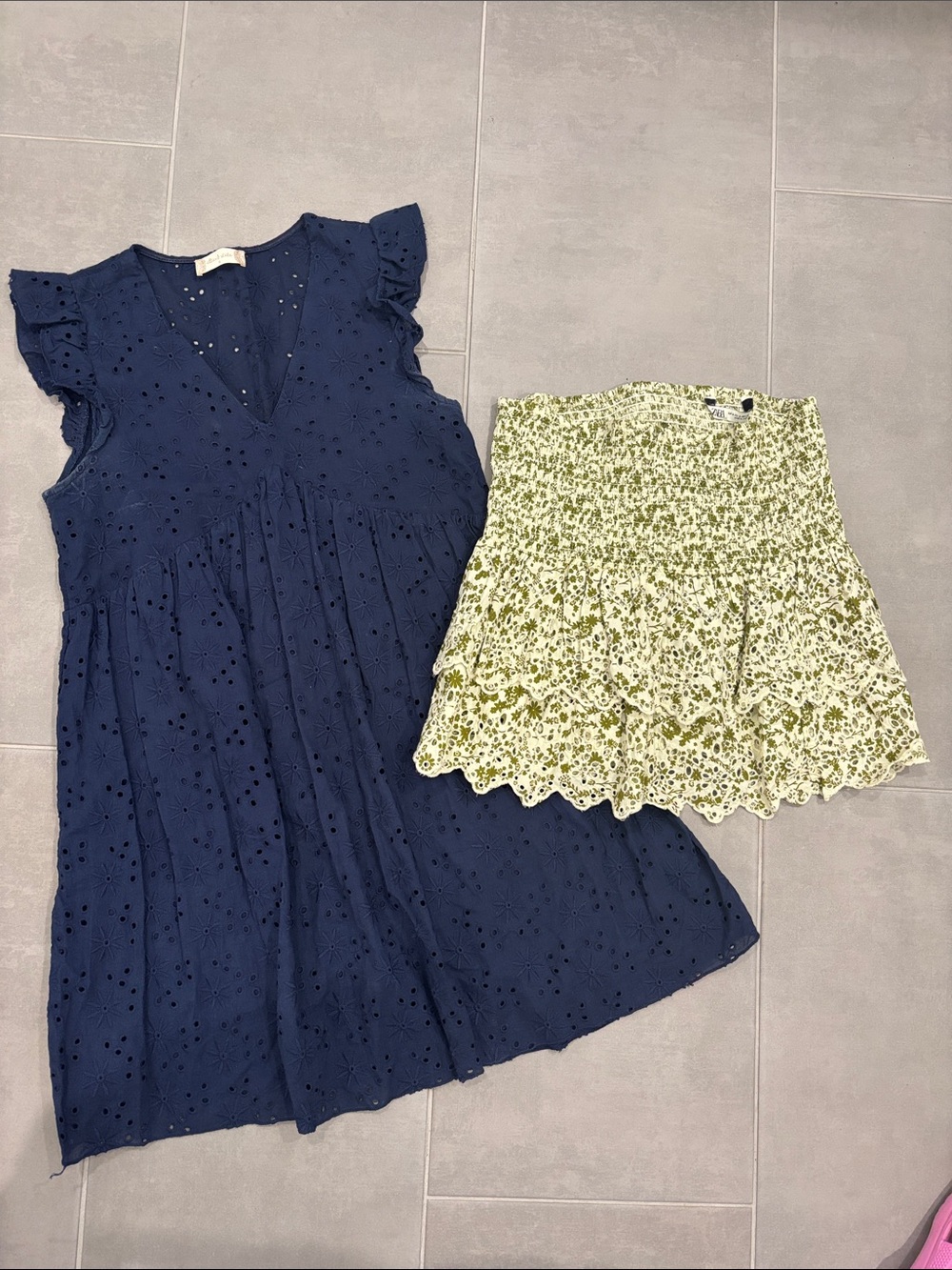 Altar’d State Navy Eyelet V-Neck Dress & Zara Green Floral Eyelet Tiered Skirt